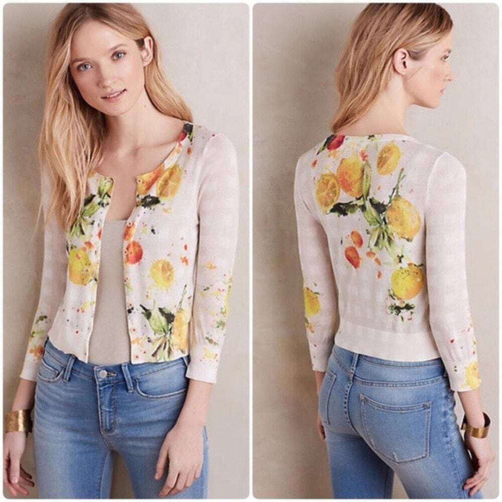 Anthropologie HWR Beige Citron Fruit Print Cotton Blend Lightweight Cardigan S